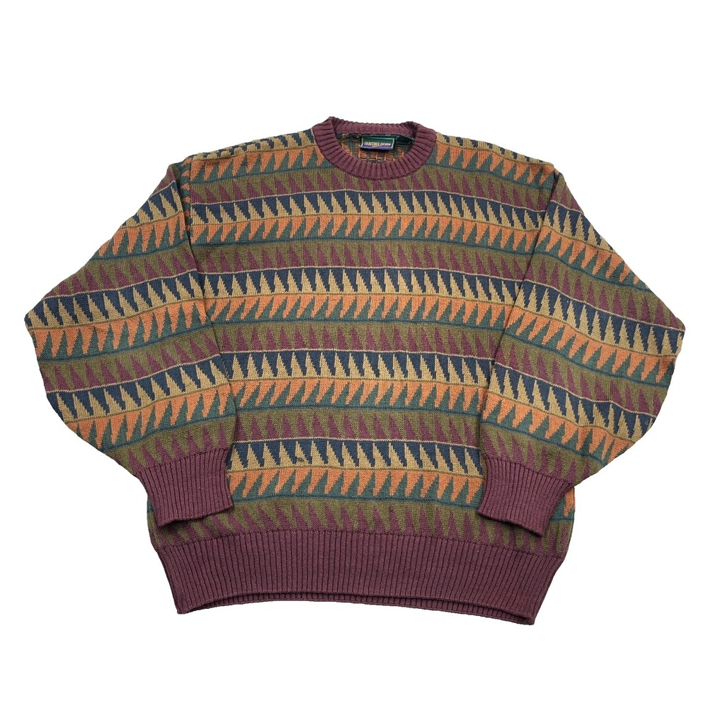 Vintage Grandpa Sweater Men XL Maroon Green Heavy Knit Geometric 90s Rib Golf